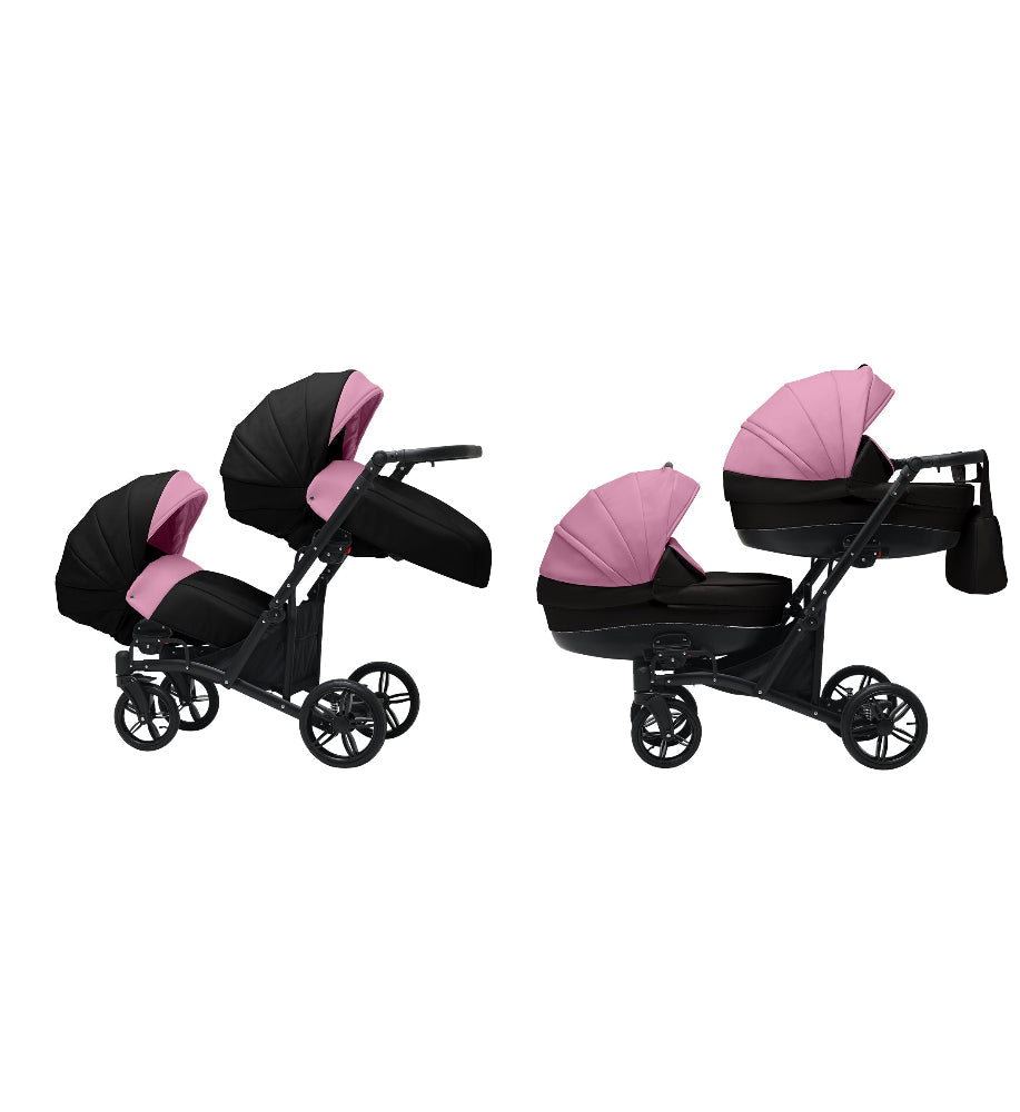 Cărucior gemeni tandem 3 în 1 Nativo Via Negru-Roz/Cadru negru (09), latime 63 cm