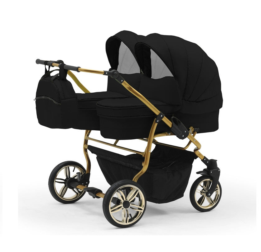 Carucior pentru gemeni Nativo Gemini 3 in 1 Negru/Gold (21), latime 87 cm, reversibil, roti gonflabile