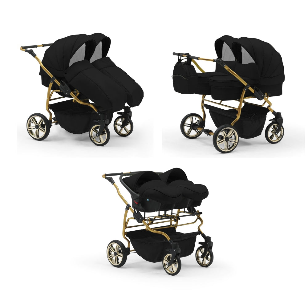 Carucior pentru gemeni Nativo Gemini 3 in 1 Negru/Gold (21), latime 87 cm, reversibil, roti gonflabile